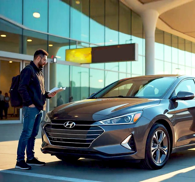 A person standing near a new Hyundai car outside an airport terminal, holding papers.