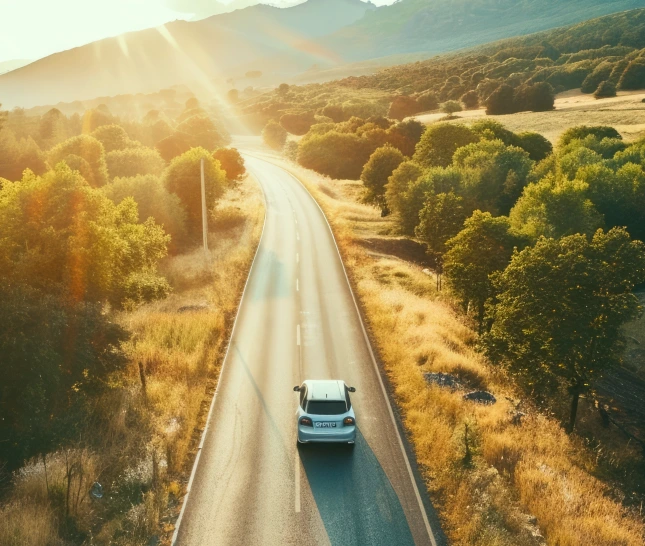 A car driving on a sunlit road through a pastoral landscape with trees and hills